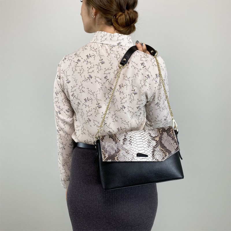 Жіноча шкіряна сумка-клатч Kira чорна з біло-бежевим верхом - 3 фото