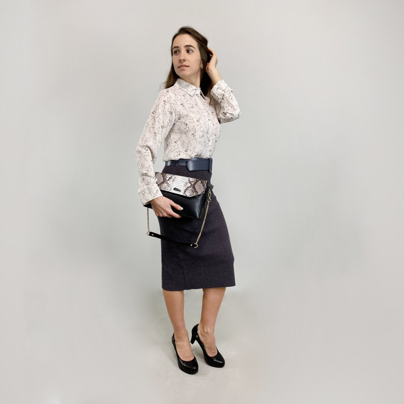 Женская кожаная сумка-клатч Kira черная с бело-бежевым верхом - 5 фото