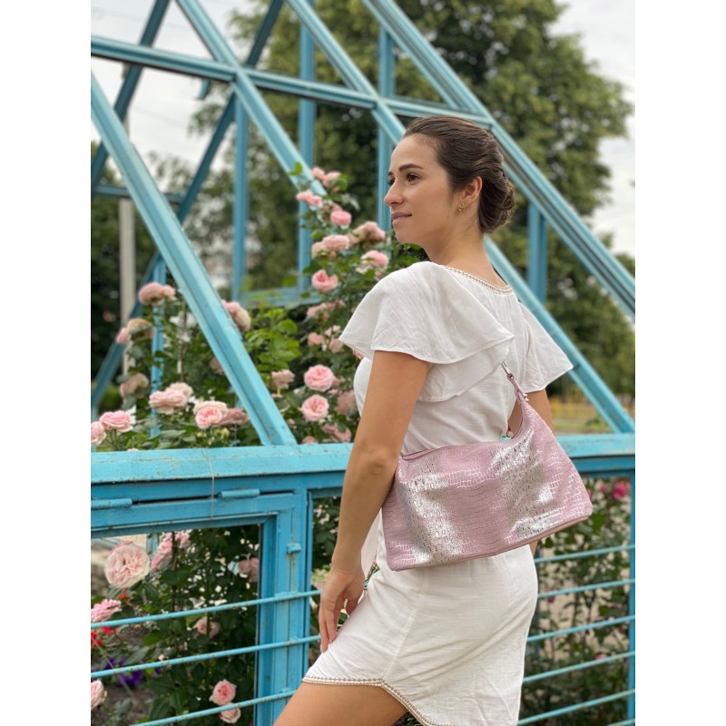 Женская кожаная сумка-хобо Jill лазерка светло-розовая - 4 фото