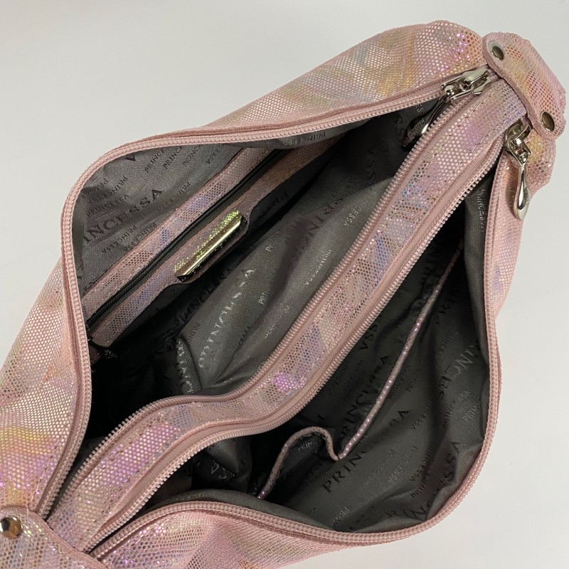 Женская кожаная сумка хобо Veronica лазерка светло-розовая - 6 фото