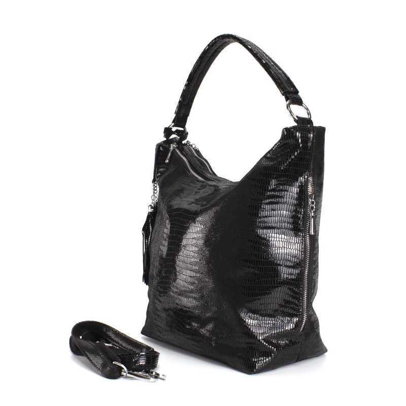 Женская кожаная сумка хобо Sandra лазерка черная - 1 фото