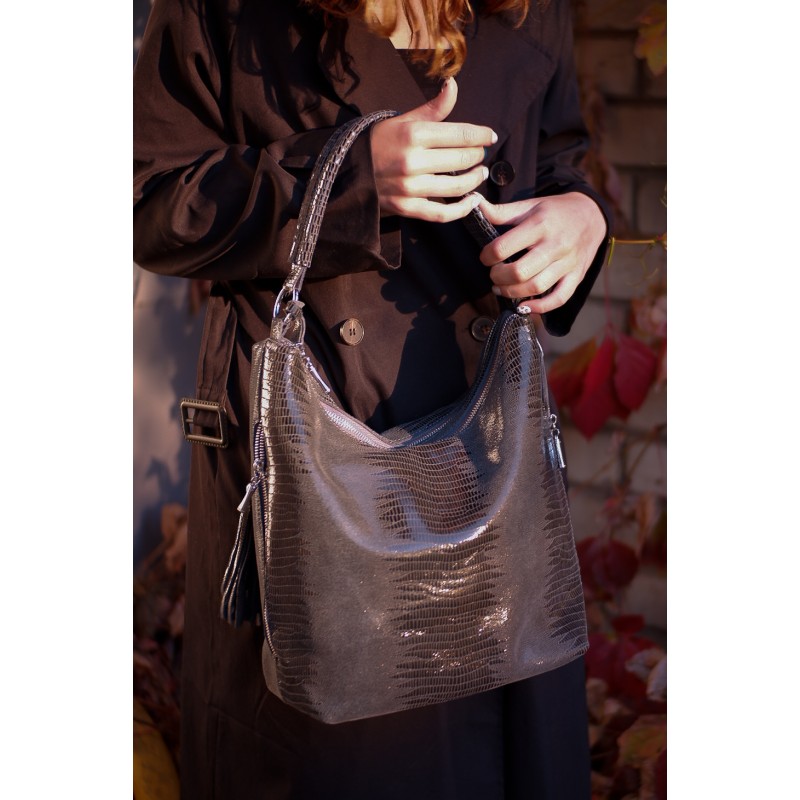 Жіноча шкіряна сумка хобо Sandra лазерка сіро-синя - 5 фото