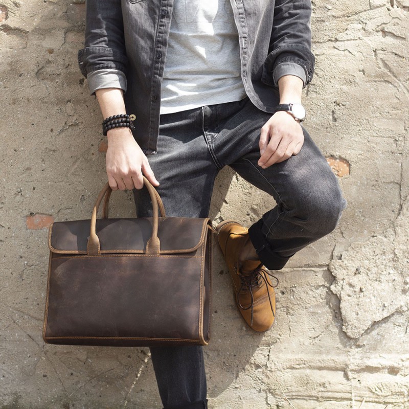 Мужская кожаная сумка для ноутбука Brian темно-коричневая - 6 фото