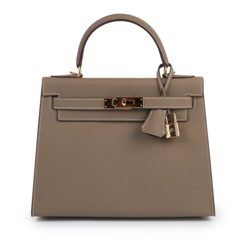 Женская кожаная сумка Kelly 28 серо-бежевая фото