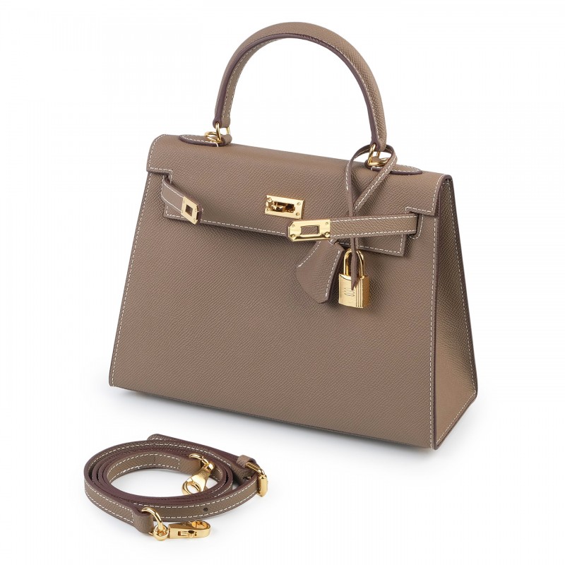 Женская кожаная сумка Kelly 25 серо-бежевая - 1 фото