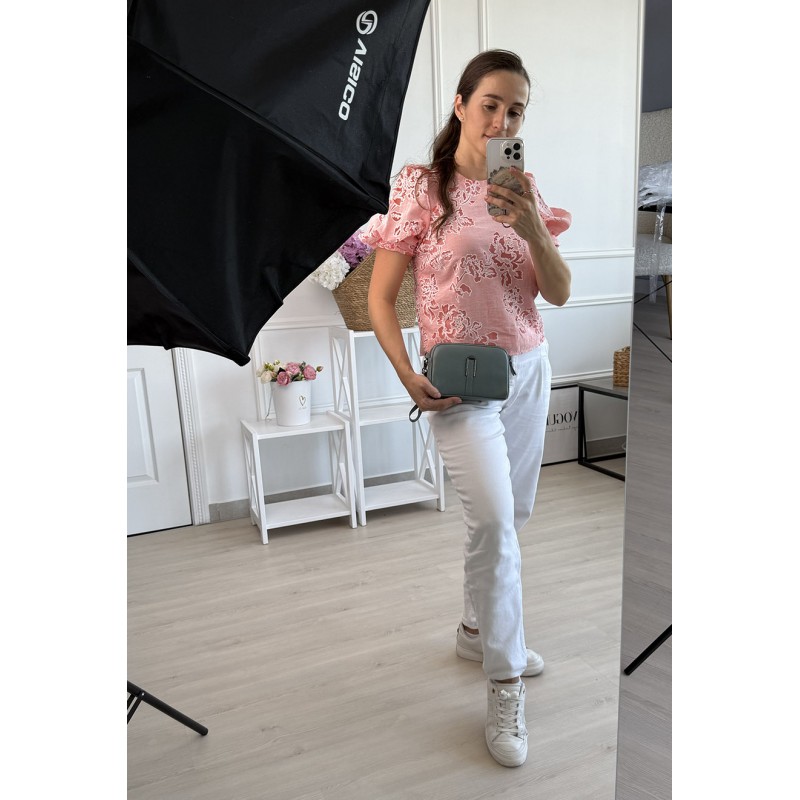 Женская кожаная сумка через плечо Vanessa серо-голубая - 4 фото