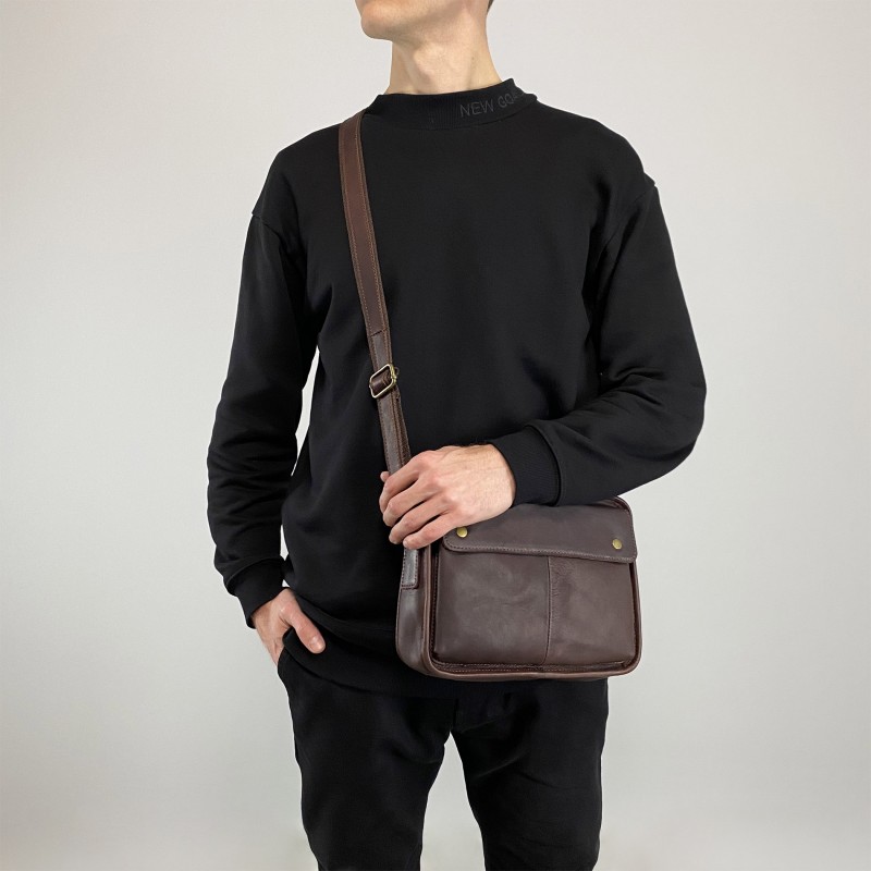 Чоловіча шкіряна сумка Brandon через плече темно-коричнева - 4 фото