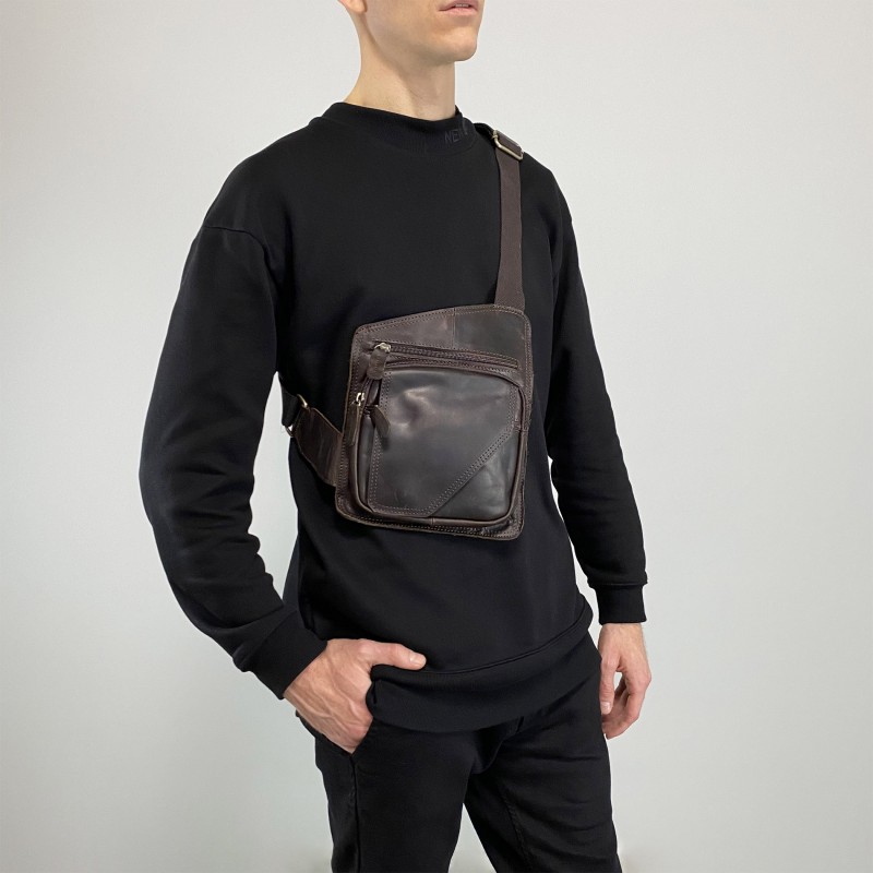 Мужская кожаная сумка Folster кросс боди через плечо темно-коричневая - 4 фото