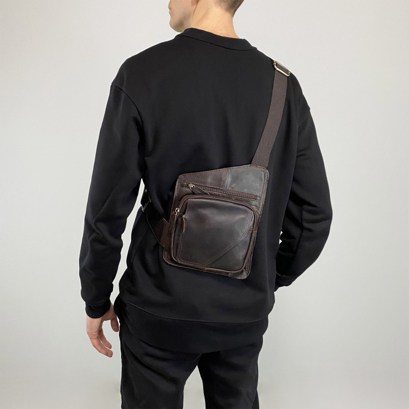 Мужская кожаная сумка Folster кросс боди через плечо темно-коричневая - 6 фото