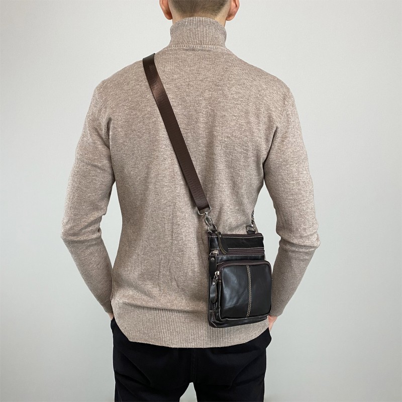 Чоловіча шкіряна сумка-барсетка Wilson через плече темно-коричнева - 2 фото